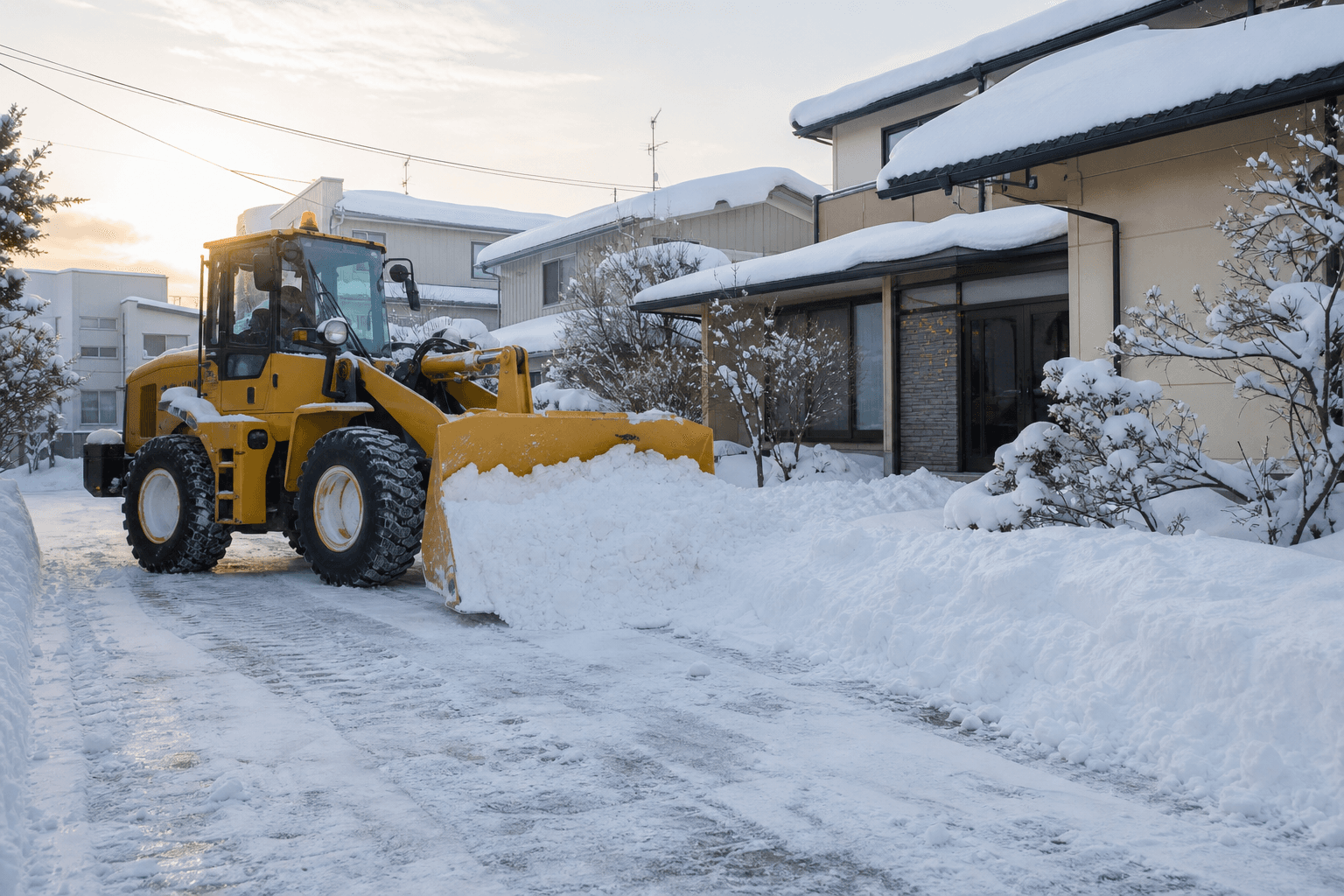 戸建て敷地で除雪するホイールローダ