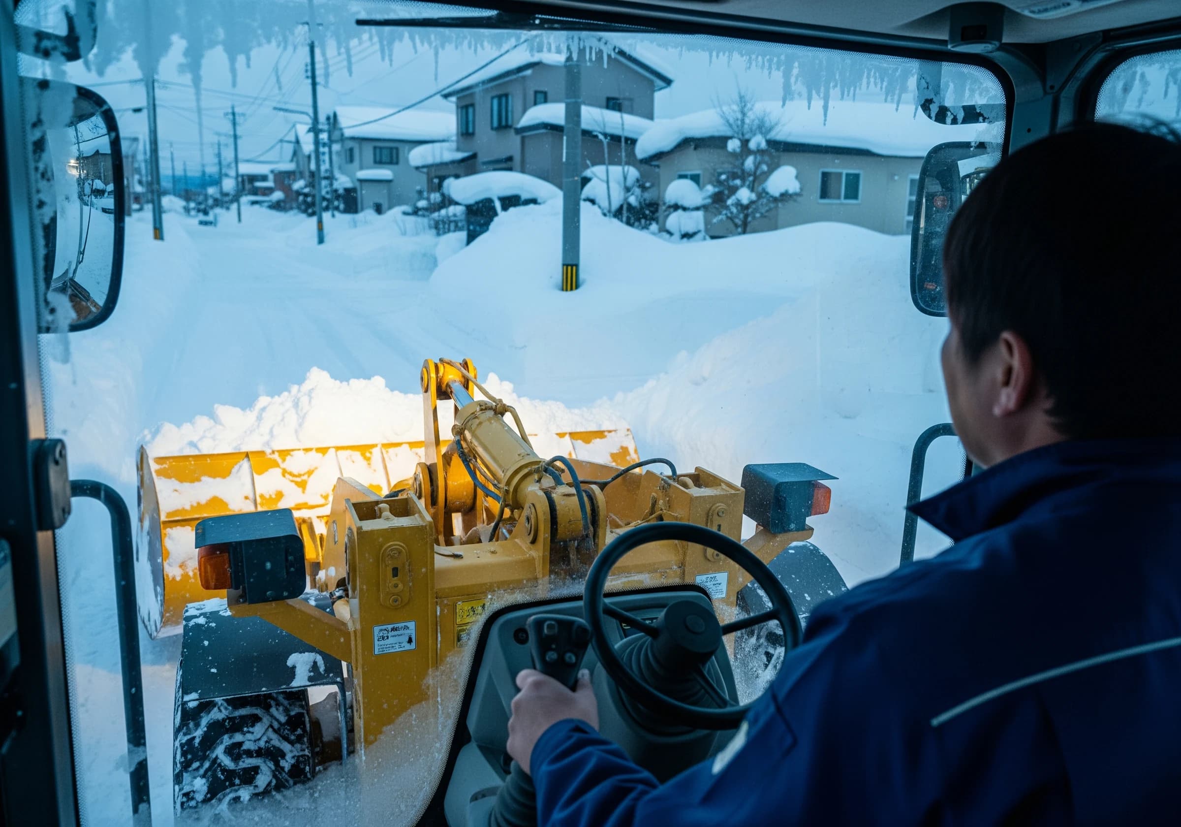 住宅敷地で除雪するホイールローダ